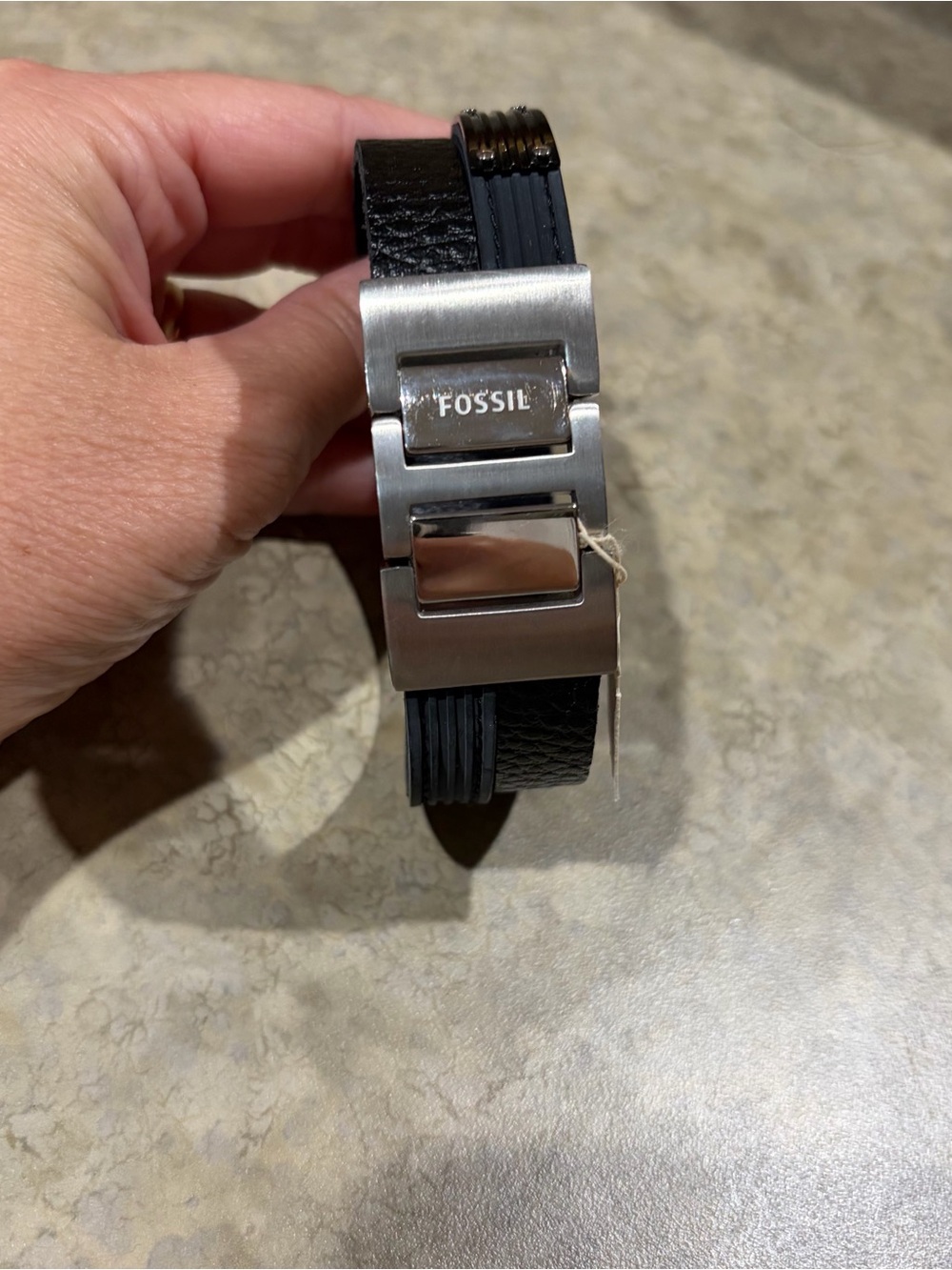 NWT Fossil Men's Black Multi‑Layer Leather Wrap Bracelet with Silver Clasp
